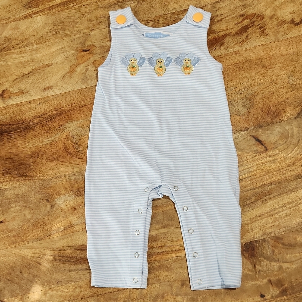 Trotter Street Blue & White Striped Baby Romper with Turkey Applique